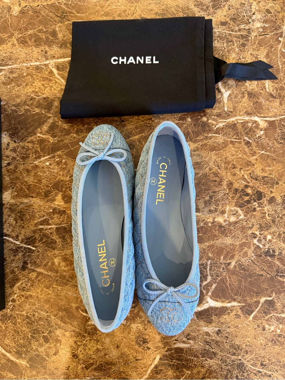 CHANEL Light Blue Quilted Denim Ballet Flats NEW AUTHENTIC